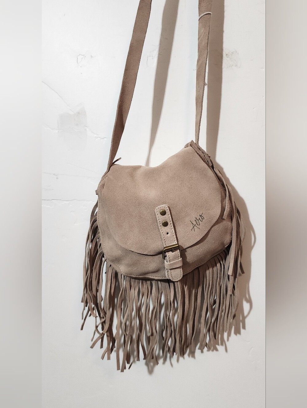 Aeropostale Taupe Fringe Suede Crossbody Bag